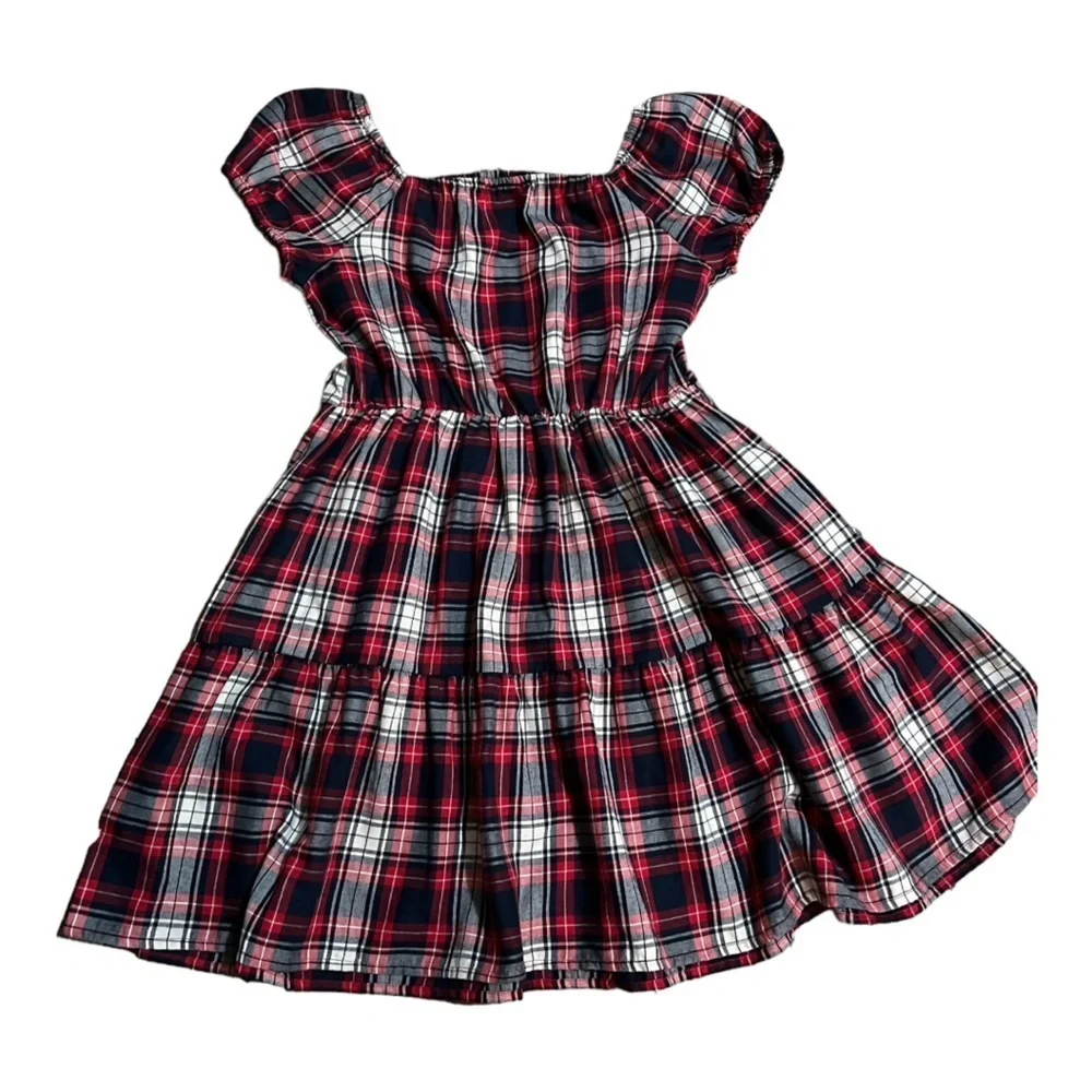 The Children's Place girls Plaid Twill Tiered Short Sleeve Dress Size XL (14) - Picture 2 of 6